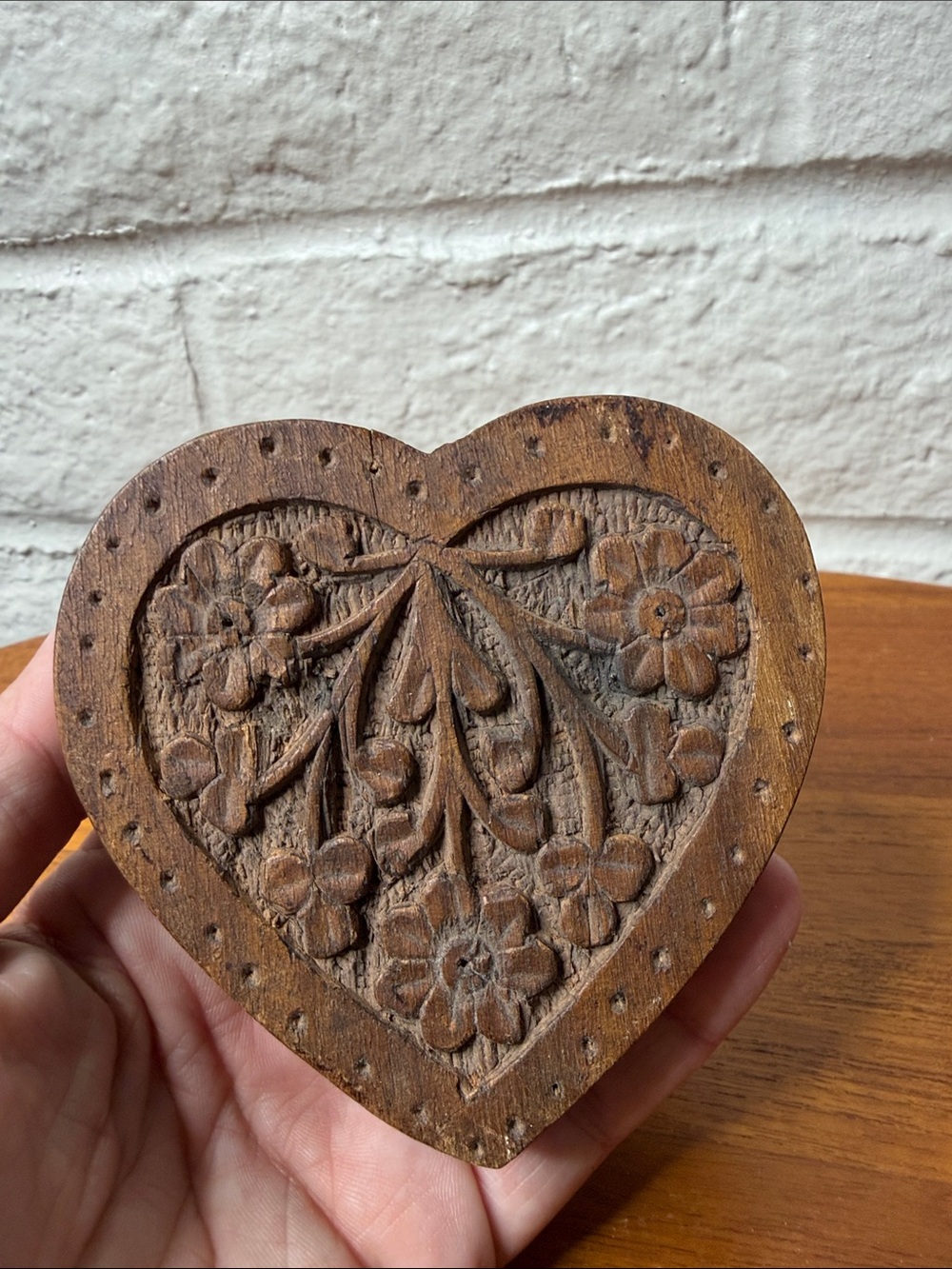 Hand Carved Wood Floral Trinket Box Made in India Vintage Heart